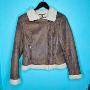 H&M Brown Leather Motorcycle Jacket with Shearling Collar